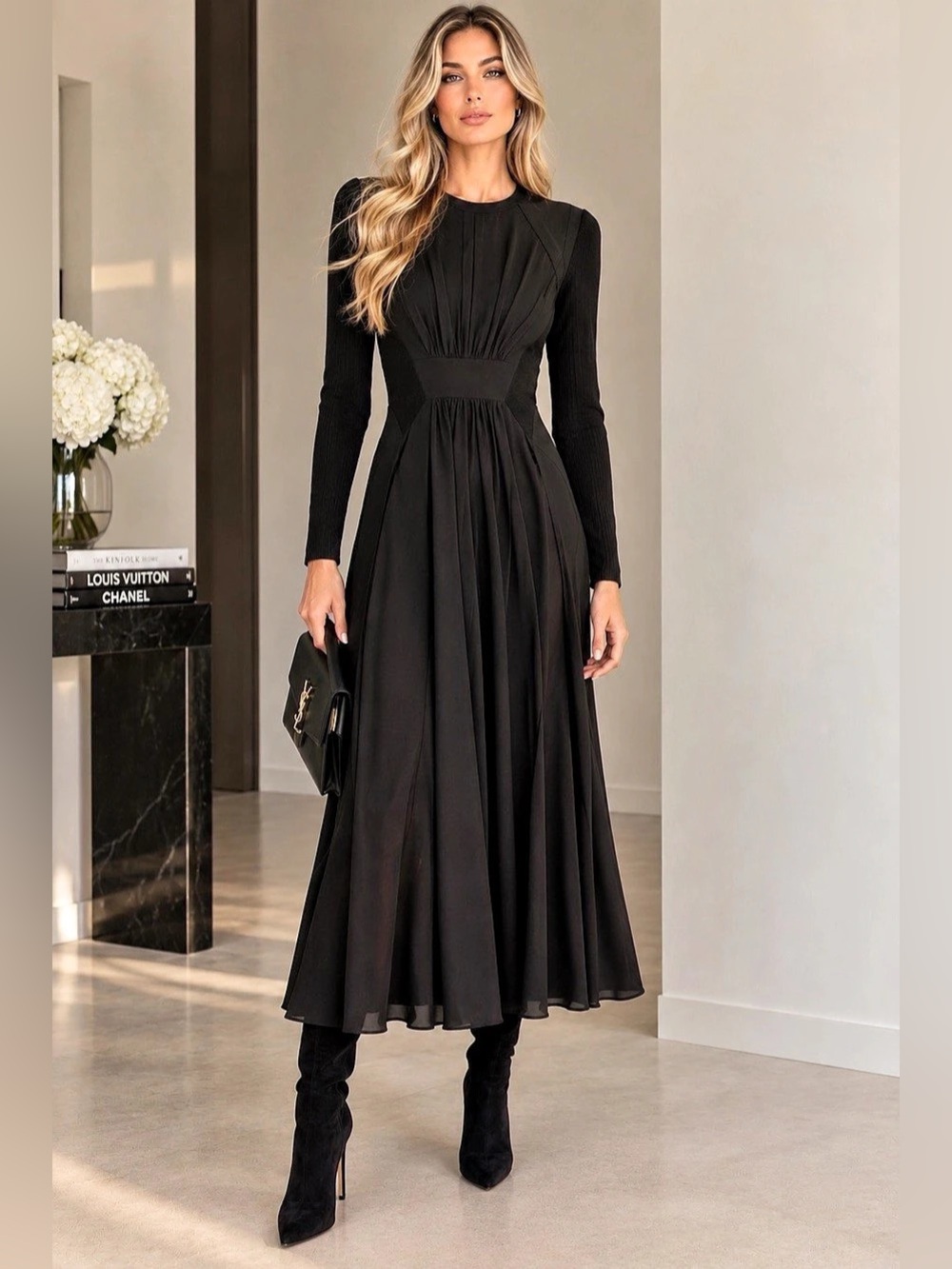 Burberry London Black Mixed Media Long Sleeve Midi Dress US 2